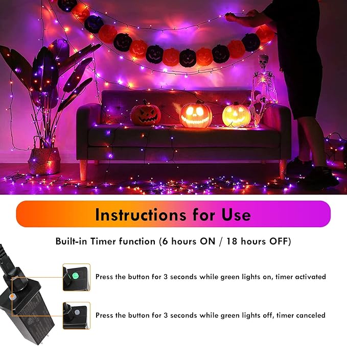 2-Pack 66FT 200 LED Extendable Halloween Lights, Orange and Purple Halloween Decorations Outdoor Indoor Tree Lights with Timer and Memory Function, Plug in Mini Light Waterproof with 13 Lighting Modes