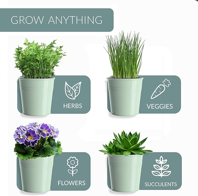 Barnyard Designs Indoor Herb Garden Planter Set with Tray, Metal Windowsill Plant Pots with Drainage for Outdoor or Indoor Plants, Set/3 (Soft Mint)