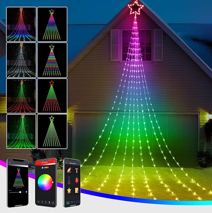 Christmas Decoration Smart Outdoor Star String Lights, 11.8Ft Christmas Tree Toppers Lights App Programmable, 344 LED 48 Modes Waterfall Lights with 12" Lighted Star for Xmas New Year Holiday Decor