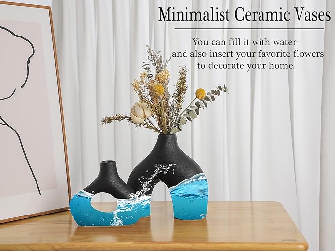 CEMABT Black Ceramic Vase Set of 2 for Modern Minimalist Bohemian Decor，Round Matte Donut Vases for Pampas Grass-Perfect for Living Room, Dining Table, Office Bedroom Shelf Decor Entryway, Console