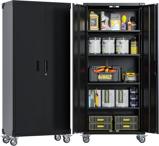 72" H Metal Storage Cabinet with 2 Doors and 4 Adjustable Shelves, Garage Storage Cabinet with Wheels for Garage Home, Required-Assembly,Black