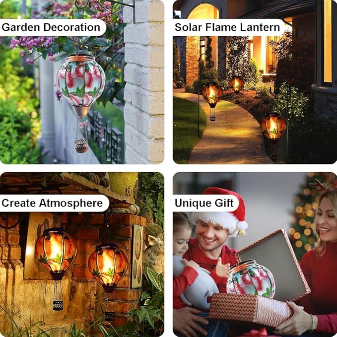 Hot Air Balloon Solar Lantern with Flickering Flame Hanging Solar Lanterns Outdoor Lights Waterproof Lanterns Decorative Garden Patio Yard Party Decor Hummingbirds&Red Flowers