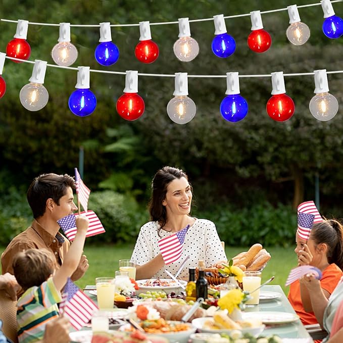 27.8Ft G40 Red White and Blue Lights String with 28 Shatterproof LED Globe Bulbs, for Memorial Day 4th of July Decorations Outdoor & Patriotic Decorations Lights for Home Party Patio Gazebo, 0.6W