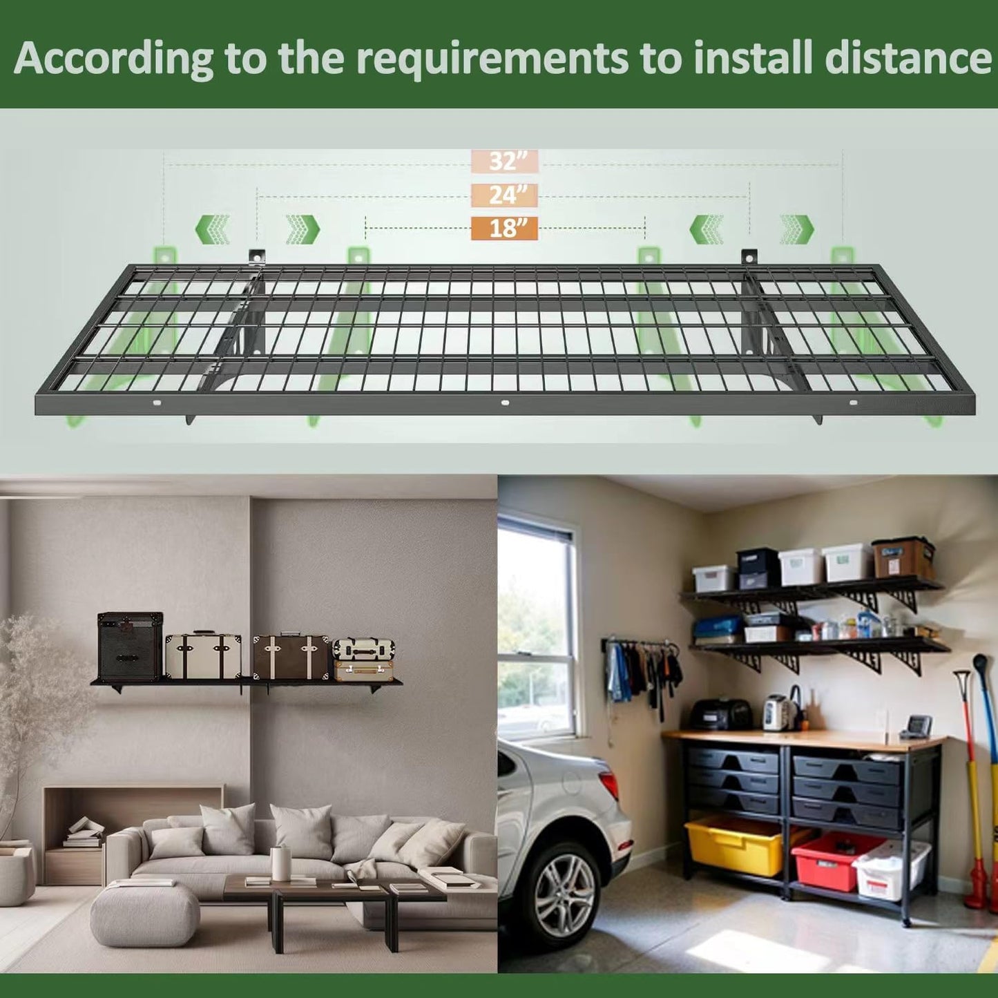 2 Pack Garage Wall Shelving, Heavy Duty 1.5' x 3.8' Wall Mount Storage Shelf with Hooks, Garage Storage Rack Floating Shelves, Holds 250 lbs Each