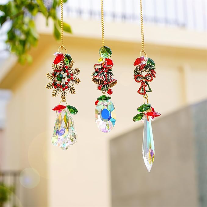 3 Pack Crystal Christmas Ornaments, Glass Rainbow Rhinestones Sun Catcher Prisms with Christmas Wreath Snowflake Bells,Suncatcher Hanging Crystal Pendants for Window Christmas Home Decor