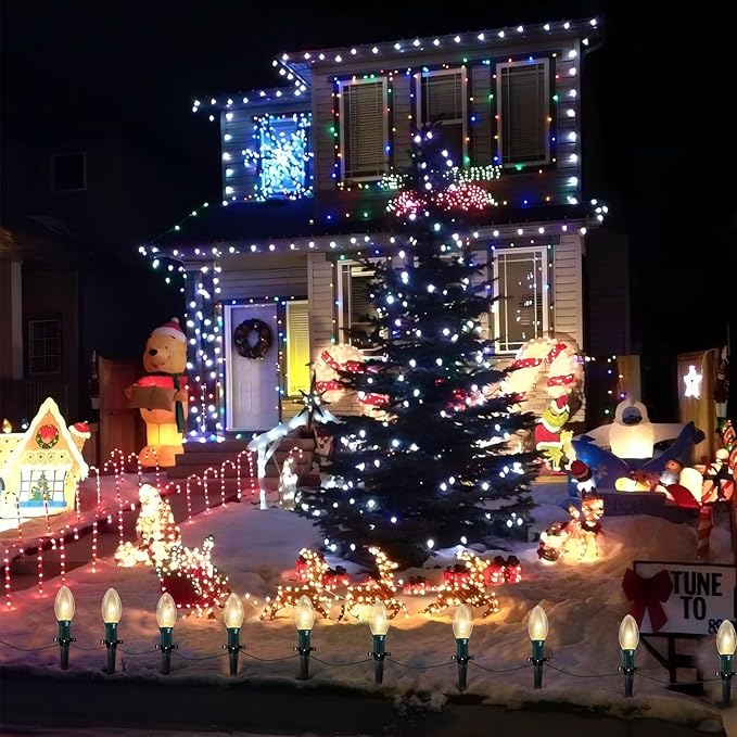 C9 Christmas Pathway Lights Outdoor, 38Ft 25 C9 Incandescent Warm White Pathway Marker Stakes Waterproof for Walkway Lawn Sidewalk Driveway Holiday