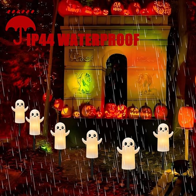 4 Pack Halloween Smiley Elves Pathway Lights, 7Ft Outdoor Halloween Decorations Lights with LED Smiling Ghost Yard Stakes Lights for Outdoor Garden Walkway Patio Backyard Halloween Party Decor