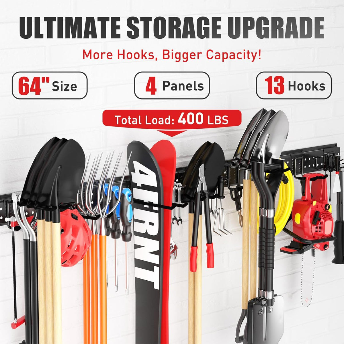 Garage Tool Organizer Wall Mount 64 inches with 13 Adjustable Heavy-Duty Hooks, Garage Organization, Garden Tool Storage Rack, Yard, and Shed, Holds Up to 520 lbs