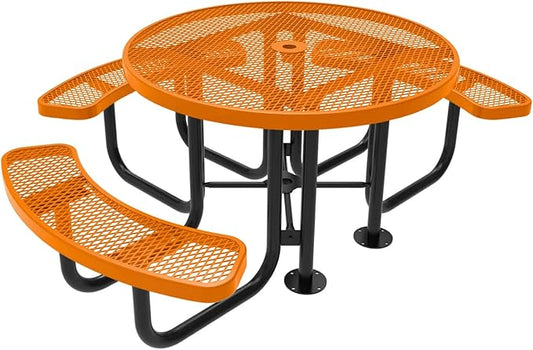 Heavy-Duty Portable Outdoor Picnic Table with Umbrella Hole, Expanded Metal Patio Dining Furniture Made in America (46" Round Top, Orange)