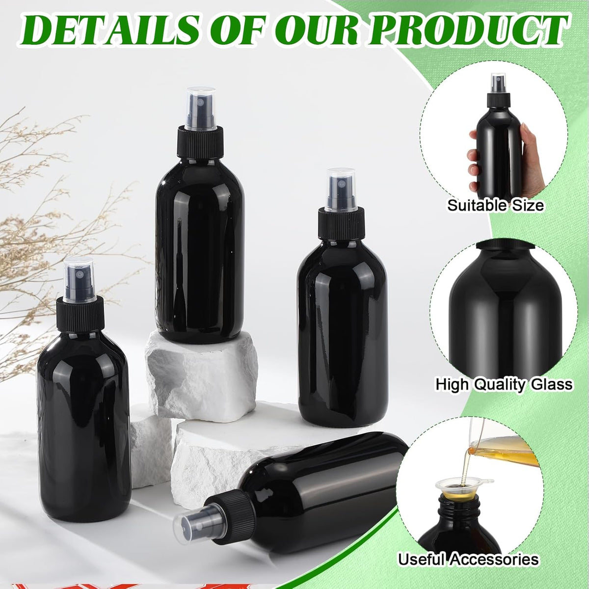 Norme 12 Pcs 8 oz Glass Spray Bottles with Funnels and Labels Refillable Cosmetic Empty Spray Bottles with Sprayer Containers for Essential Oil Cleaning Solutions(Black,Stylish)