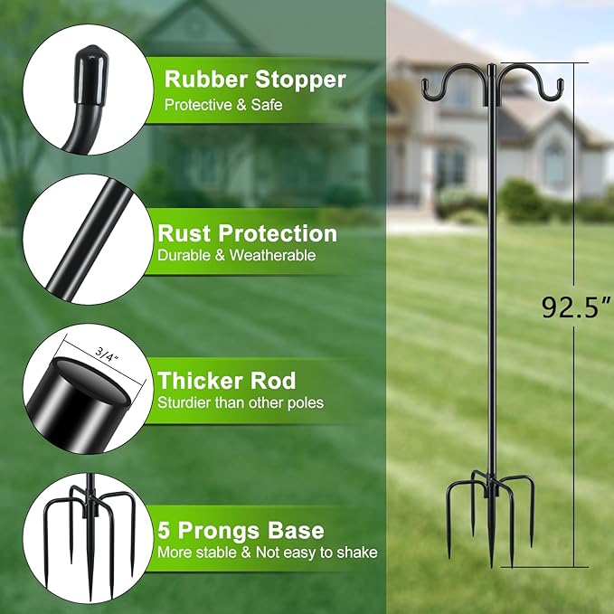 Gtongoko Double Shepherds Hook for Outdoor, 2 Pack 92.5 Inch Heavy Duty Bird Feeder Pole 3/4 Inch Thick Garden Hooks for Hanging Hummingbird Feeder, Plant Baskets, Solar Light Lanterns