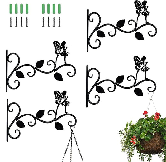Hanging Plants Bracket 12" Angel Planter Outdoor Hooks Hangers for Flower Baskets Pot Bird Feeder Wind Chimes Lanterns Patio Garden Outdoor Indoor Metal Black, 4 Pack