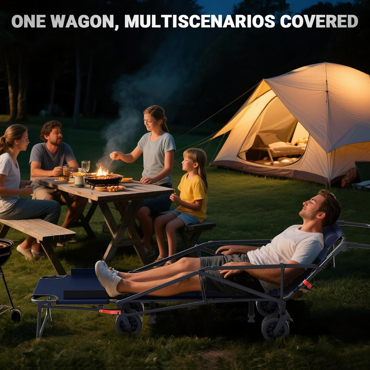 LEVELEVE Heavy Duty Folding Wagon - 2-in-1 Collapsible Cart, 400lb Capacity, All-Terrain Wheels w/Brakes & Side Pockets (Blue)