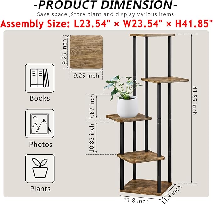 AZERPIAN Plant Stand 5 Tier Indoor Metal Flower Shelf for Multiple Plants Corner Tall Flower Holders for Patio Garden Living Room Balcony Bedroom, Black (5 Tier-Black)