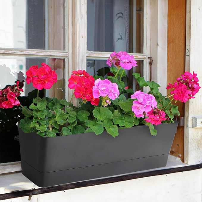 GREANER Herb Window Boxes 1PCS 16x3.8 Inch, Black Planter with Removable Trays and Drainage Holes, Succulent Flower Rectangular Plastic Pot for Balcony, Office, Windowsill, Garden, Indoor Outdoor Use