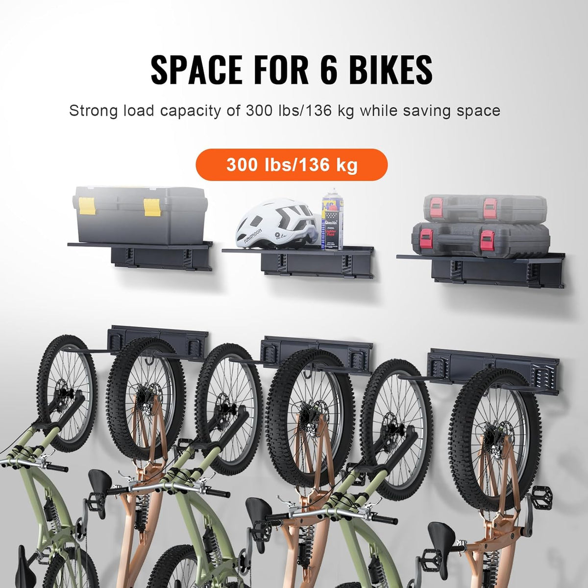VEVOR Bike Storage Rack, 6 Bike Racks and 3 Helmets Hooks, Wall Mount Bike Storage Hanger with 3 Shelves, Home & Garage Organizer, Customizable for Various Bike Sizes, Holds Up to 300 lbs, 48-inch