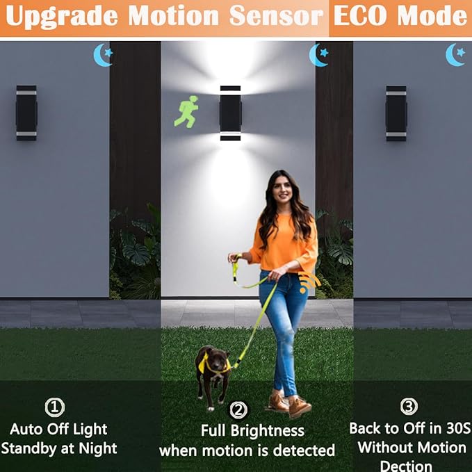Motion Sensor Outdoor Wall Lights, Dusk to Dawn Exterior Light Fixtures with 3 Modes, Modern Up Down Wall Sconce, Waterproof Aluminum Porch Light for Garage, Patio, Front Door – Matte Black