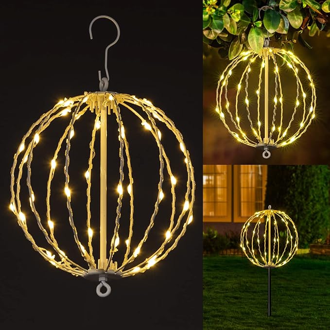 Christmas Ball Sphere, 10IN 48LED Hanging Tree and Pathway Light With Hook and Stake, Foldable Metal Frame for Outdoor Garden, UL Listed, White Frame, Warm White
