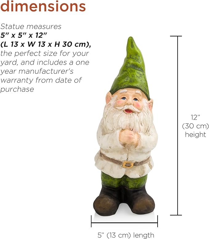 Alpine Corporation 12" Tall Outdoor Garden Gnome Folding Hands Yard Statue Decoration