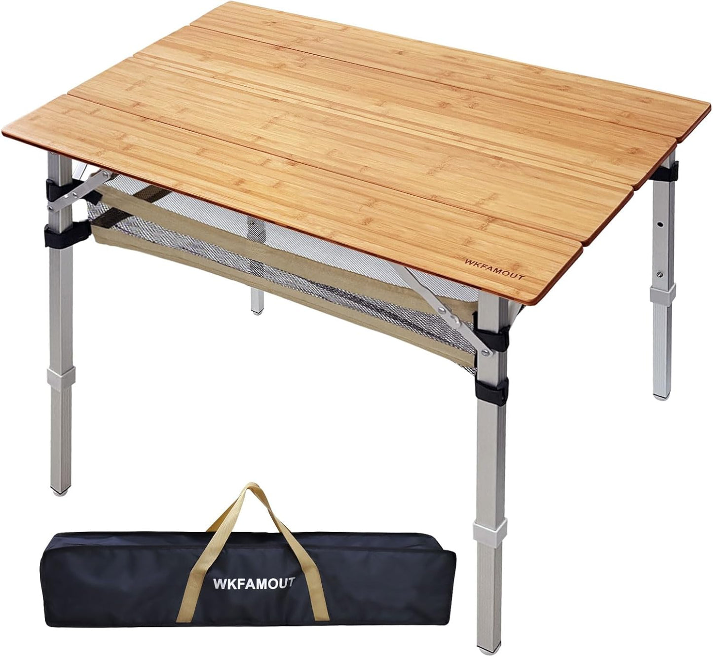 Bamboo Folding Camping Table 4 Folds with Adjustable Aluminum Legs Portable Picnic Table with Storage and Carry Bag for Outdoor Hiking Beach 3-5 Person
