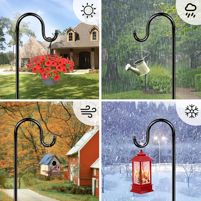 36 Inch Shepherds Hooks for Outdoor, Heavy Duty Bird Feeder Pole with 5 Prong Bases, Garden Hanging Stake for Bird Feeder, Solar Light, Plant Hanger, Wedding Decor, Metal Hanger Hooks, Black, 2 Packs