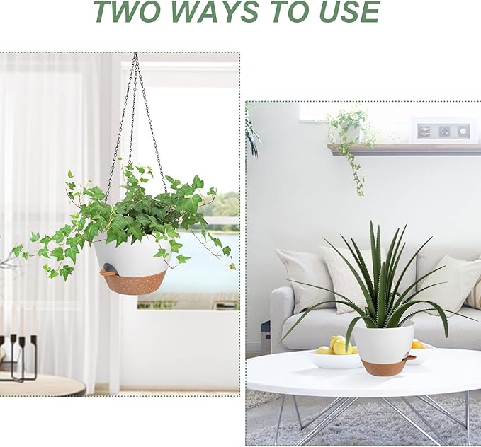 Hanging Planters for Indoor Outdoor Plants, 2 Pack Self Watering Hanging Pot with Drainage Holes & Removable Tray (White, 6'')