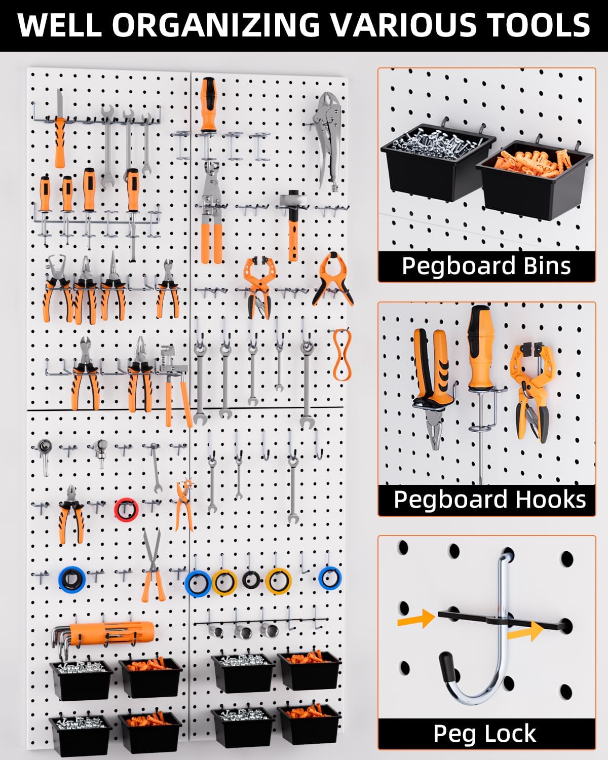 INCLY 158PCS Metal Pegboard Wall Organizer, 48x24 Inch White Pegboard Panels Tool Organizer Kit with Accessories Hooks and Bins, Peg Board Utility Tool Storage for Garage Workbench Shed