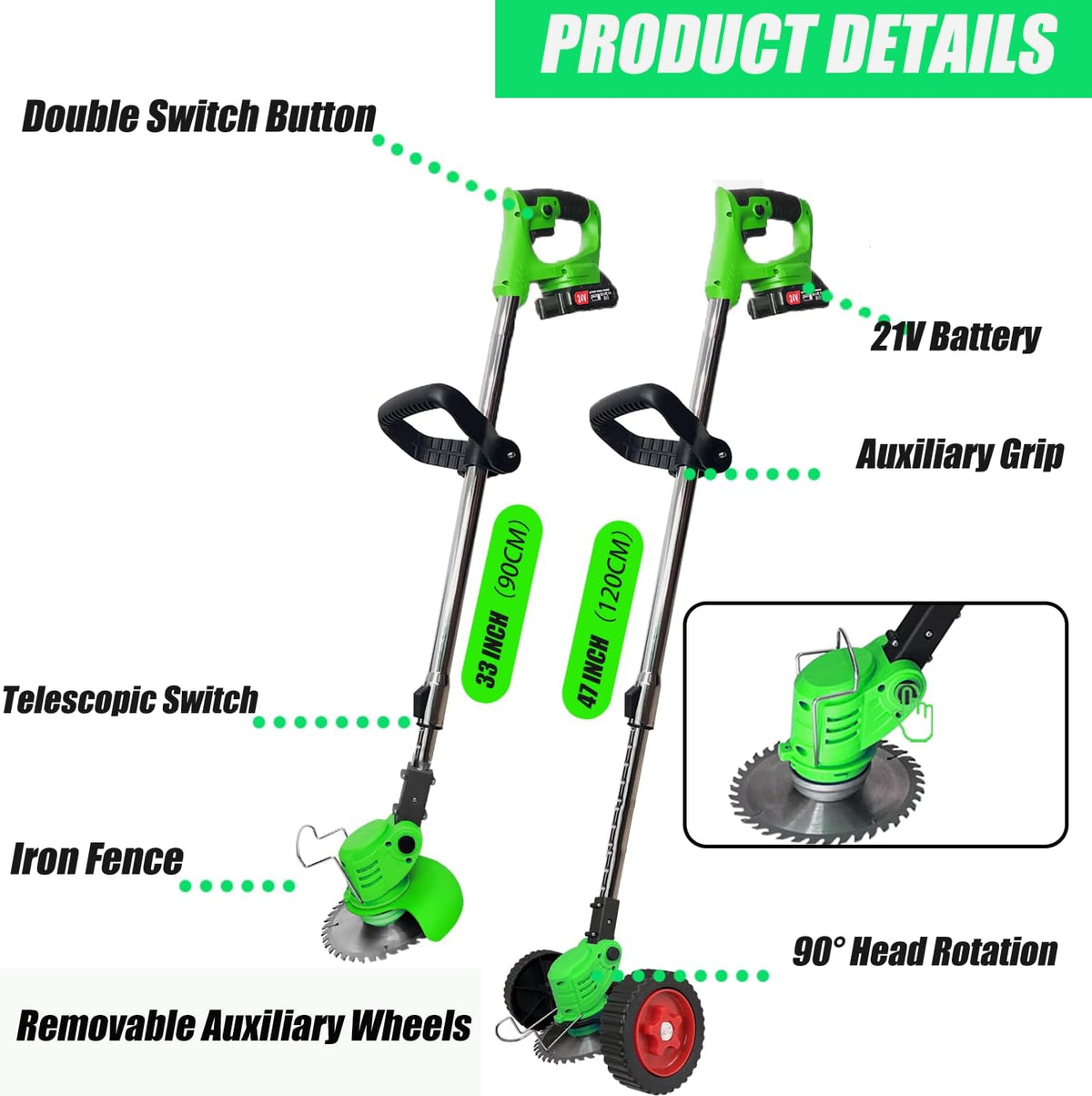 Electric Weed Wacker Cordless Eater Battery Powered, 21V Lightweight Weed Trimmer Edger Lawn Tool with 2Pcs 2000mAh Battery, 3 in 1 Stringless Grass Trimmer/Edger/Brush Cutter for Garden Yard Lawn
