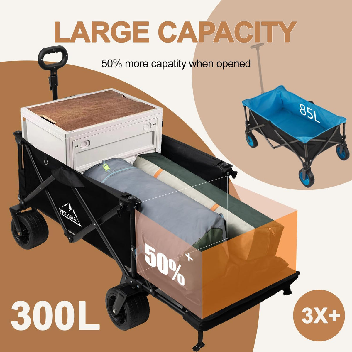 Collapsible Beach Wagon Cart with Big Wheels, 440LBS Upgrade Large Capacity Folding Wagon, Foldable Grocery Cart with Side Pocket and Brakes, Ideal for Sand Camping Outdoor Garden Sports, Black