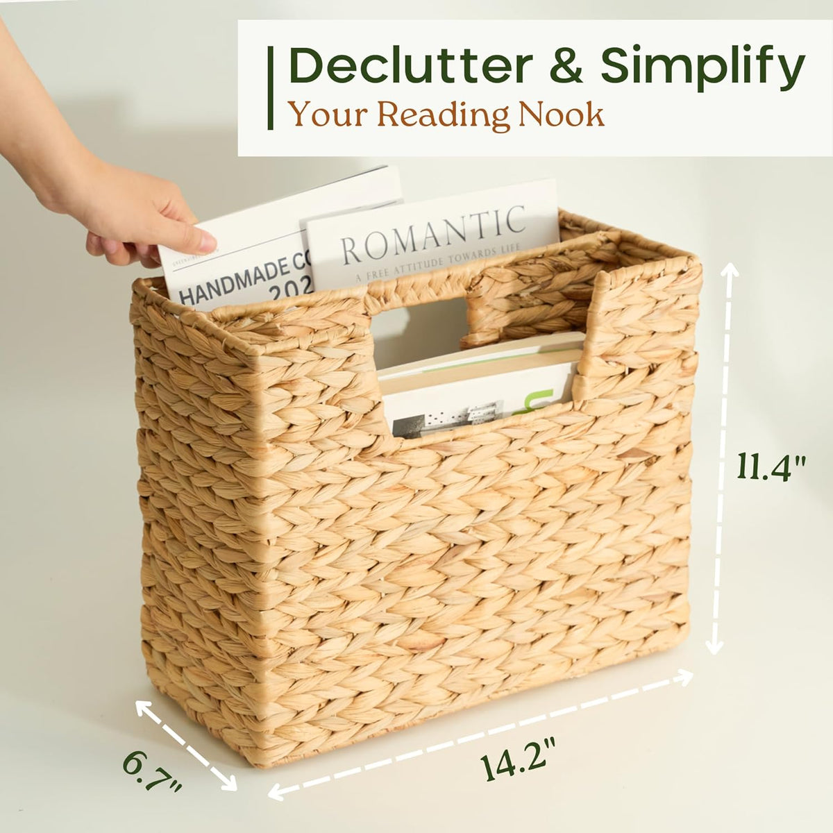 Wicker Magazine Basket, Handwoven Water Hyacinth Storage Bin & Organizer for Files, Books, Newspapers, Documents, Decorative Storage Bin with Handle for Office, Living Room, Dorm, Bathroom