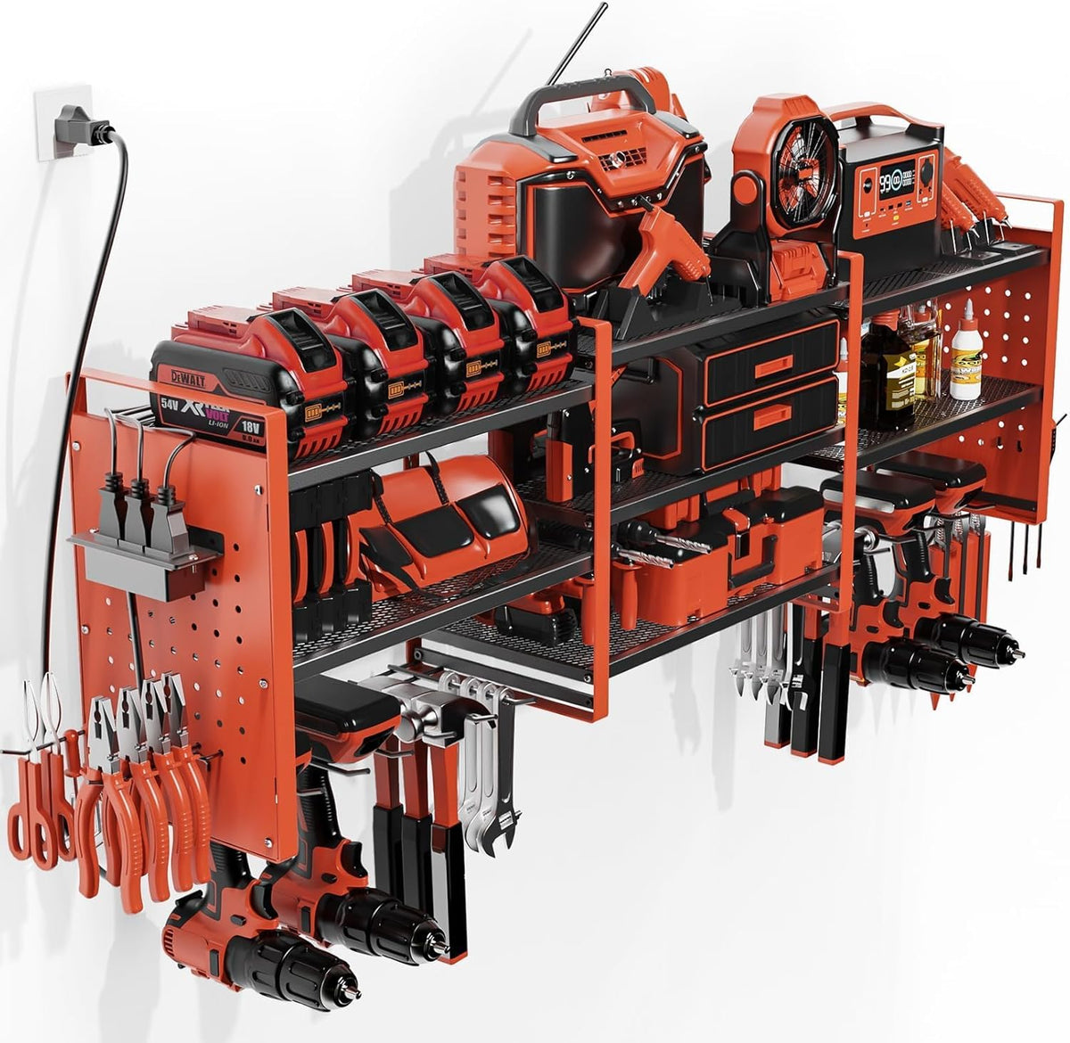 Power Tool Organizer with Charging Station Wall Mount, 3 Layer Expanded Heavy Duty Garage Organization, 48.8 Inch Length Garage Tool Storage, 4 Drill Slot, 16" Standard Hole, Red