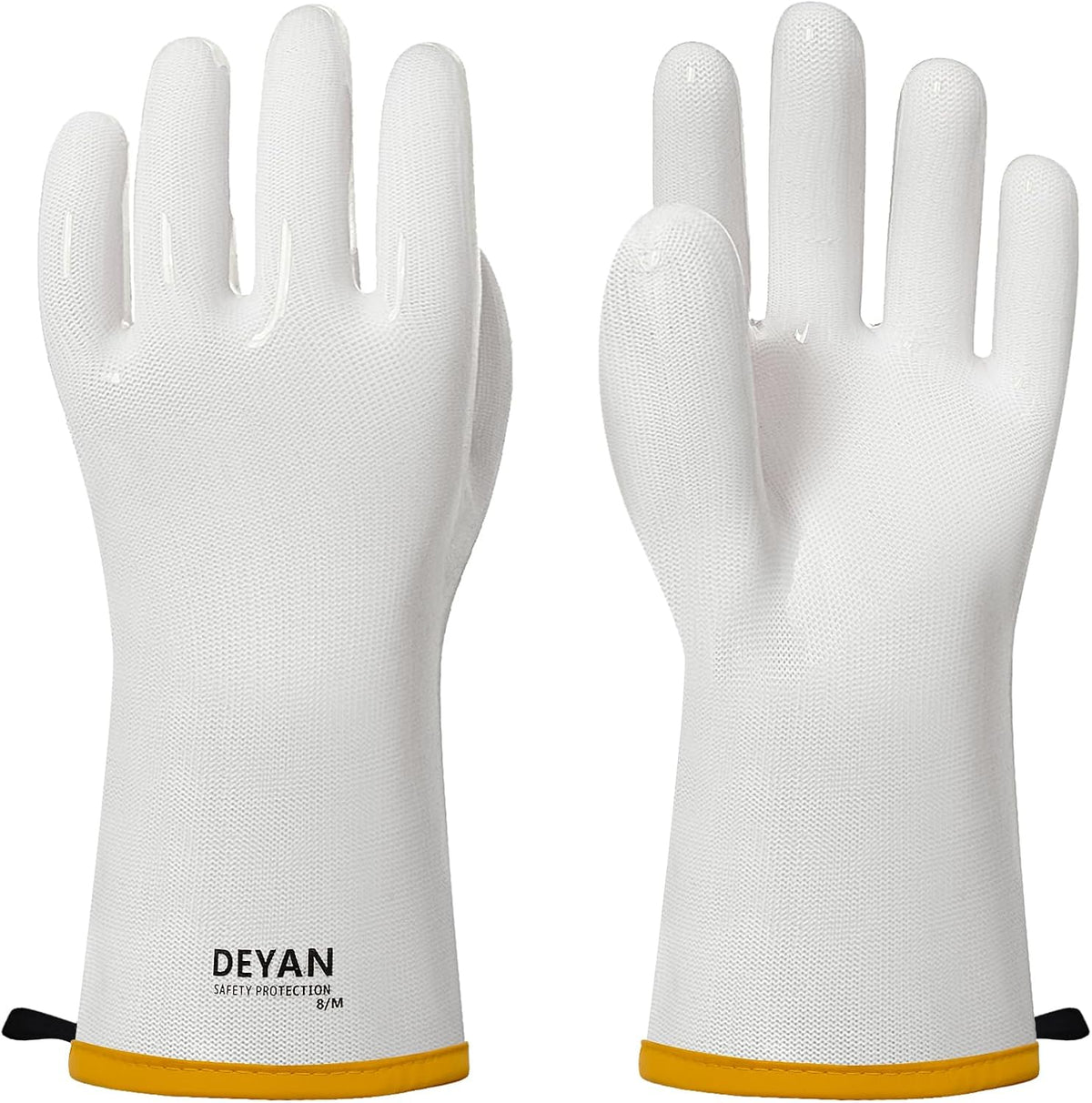 DEYAN Silicone BBQ & Oven Gloves - Food Grade, Heat Resistant Waterproof & Oil Proof Gloves for Grilling, Baking, Frying, Cooking - Long Sleeve & Non-Slip Grip, 1 Pair (White, 8/M)
