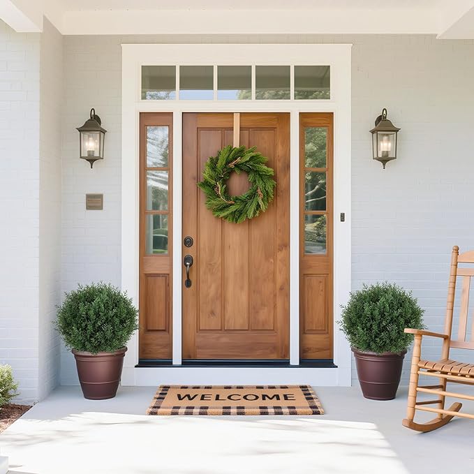 Artificial Cedar Topiary Ball Trees with Ground Spike Set of 2, 24.6 inch UV-Resistant Faux Shrubs for Indoor/Outdoor Decor – Fake Cypress Perfect for Garden, Porch, and Patio