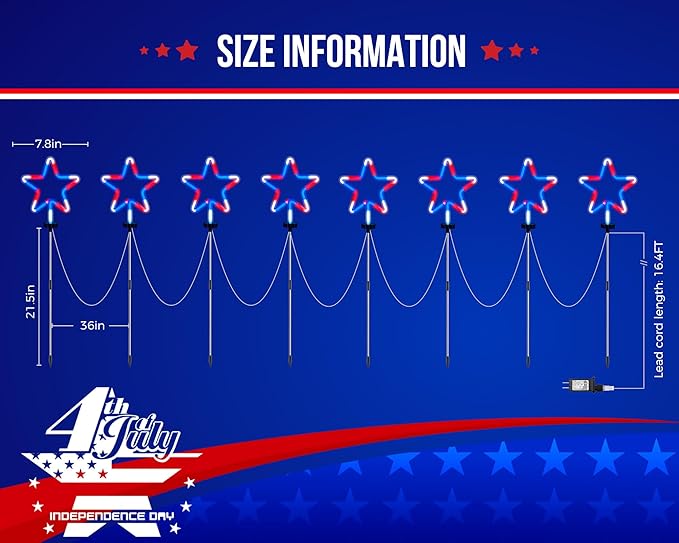 Brightown Red White and Blue Lights, 4th of July Decorations Outdoor, 8 Large Neon Star Pathway Lights Plug in, Patriotic Decorations Fourth of July Decor for Independence Day Garden Yard Outside