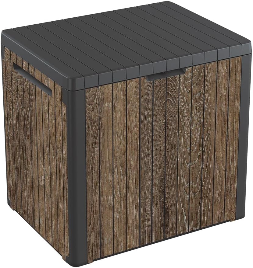 Keter Signature Everwood 30 Gallon Resin Outdoor Storage Box and Patio Furniture Side Table for Pool and Garden Accessories, Walnut