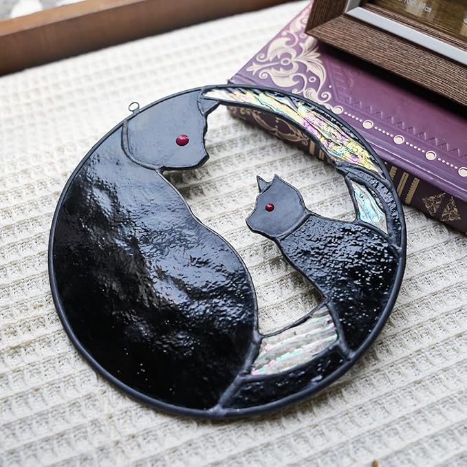 Black Cat Decor Stained Glass Window Hanging,Funny Cat Gifts for Cat Lovers Stained Glass Suncatcher for Window,Two Black Cat Decor Cat Themed Gifts for Women Mom Grandma