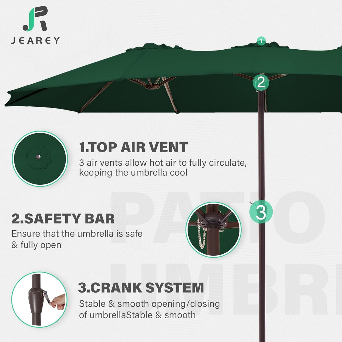 JEAREY 15FT Patio Umbrella Large Outdoor Umbrella Extra Double-Sided Market Umbrella with Crank Handle for Garden, Deck, Backyard and Pool, Dark Green