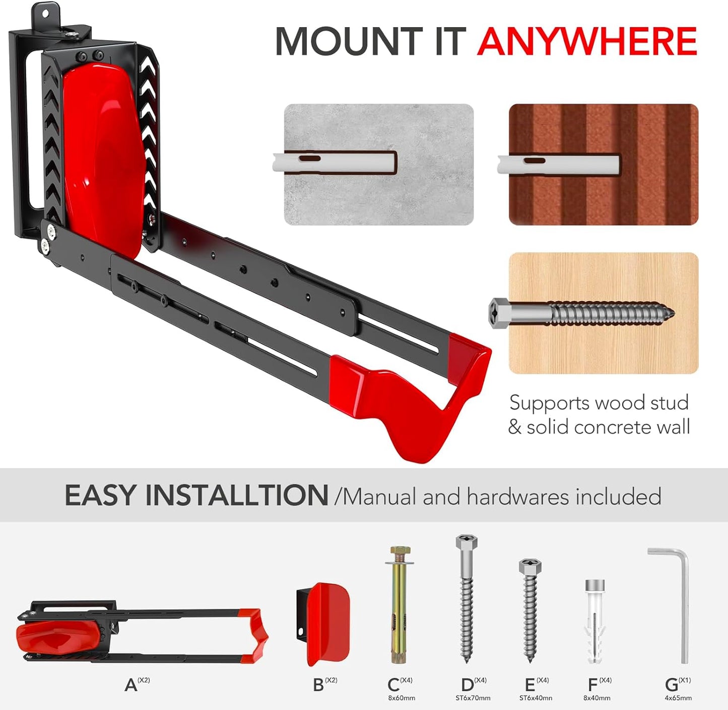 2-Pack Swivel Bike Rack Wall Mount, Bike Hangers for Garage, Space-Saving Vertical Bike Holder, Holds up to 77 lbs, Bicycle Wall Hanger Storage, No Heavy Lifting Required Indoor Hanging Bike Rack-Red