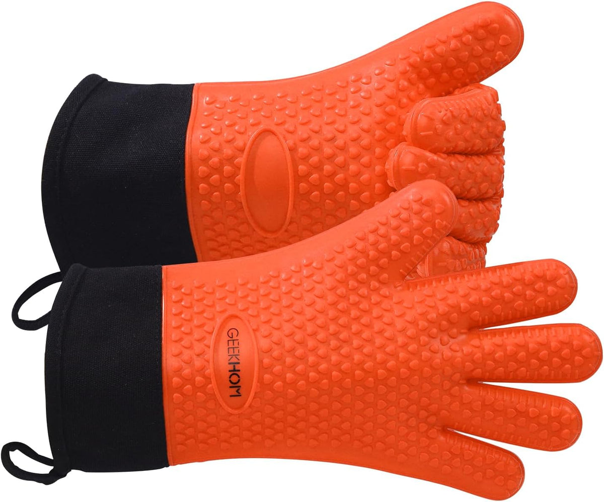 GEEKHOM BBQ Gloves Heat Resistant Oven Mitts - Silicone Grilling Gloves with 13.7" Arm Protection - Waterproof Pot Holder Non-Slip for Men & Women, Kitchen Outdoor Cooking, Baking, Camping, Orange