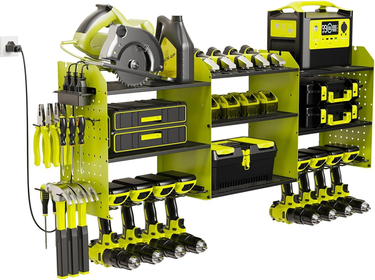 Power Tool Organizer with Charging Station Wall Mount, 3 Layer Expanded Heavy Duty Garage Organization, 45.5 Inch Length Garage Tool Storage, 8 Drills, 2 Assemble Method, Green