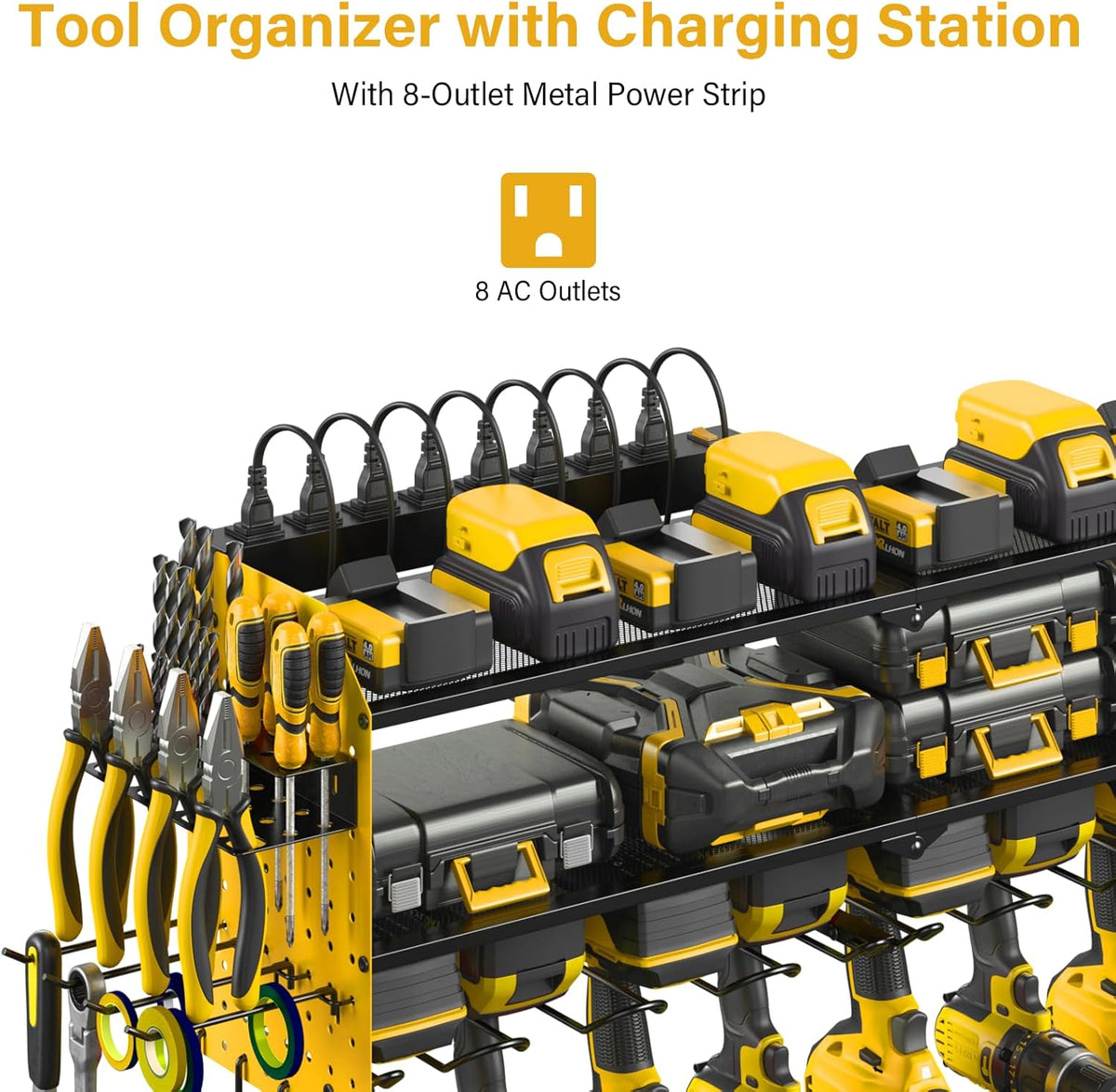 JUNNUJ Large Pegboard Power Tool Organizer with Charging Station, 8 Drills Driver and Tools Battery Holder Wall Mount with 8 Outlet Power Strip, Yellow 3-Layer Shop Garage Storage Utility Rack