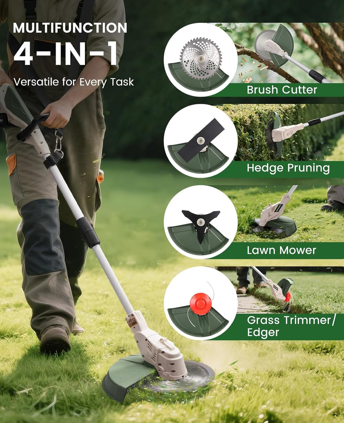 Electric Weed Wacker Cordless, Brushless Grass Trimmer with 2 21V 4.0Ah Batteries and Charger,4 Types of Blades String Trimmer, Weed Eater Battery Powered with Shoulder Strap, Lawn Edger Tool