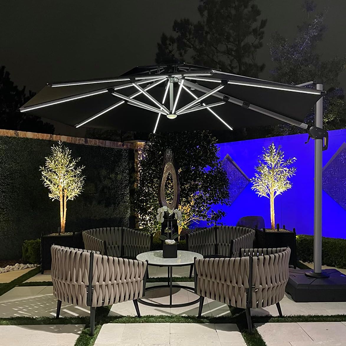 PURPLE LEAF 11ft Solar LED Patio Umbrella - Large Round Cantilever Umbrella with LED Lights, Windproof, Heavy Duty for Garden, Deck, Pool, Patio, Black