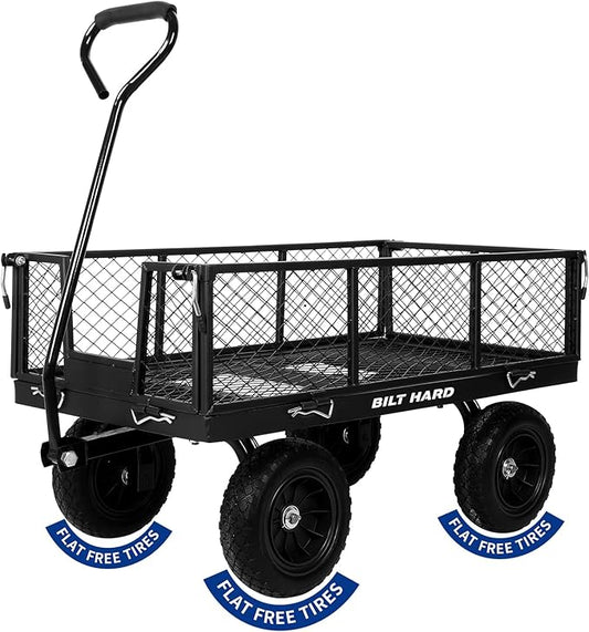 BILT HARD 880 lbs 10" Flat Free Tires Steel Garden Cart with 180° Rotating Handle and Removable Sides, Heavy Duty 4 Cu.Ft Capacity Utility Garden Carts and Wagons, Black