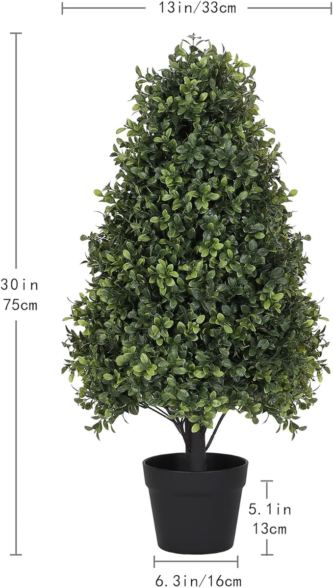 30" Boxwood Topiary Trees Artificial Outdoor Set of 2, UV Resistant Faux Plants for Front Porch Planters, Realistic Cone-Shaped Fake Bushes & Shrubs, 2.5ft Evergreen Decoration