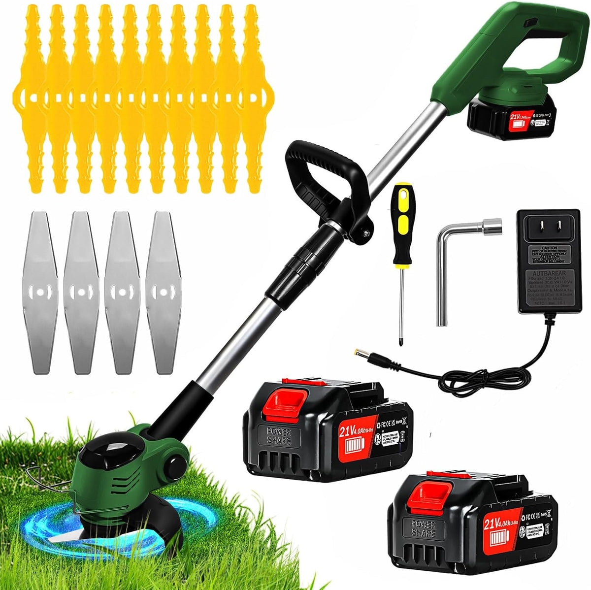 Electric Weed Wacker Cordless, Electric Grass Trimmer 21V 4.0Ah Battery Powered Weed Trimmer, 3 in 1 Lightweight Brush Cutter/Edger/String Trimmer with 2 Types Blade & for Garden and Yard Lawn