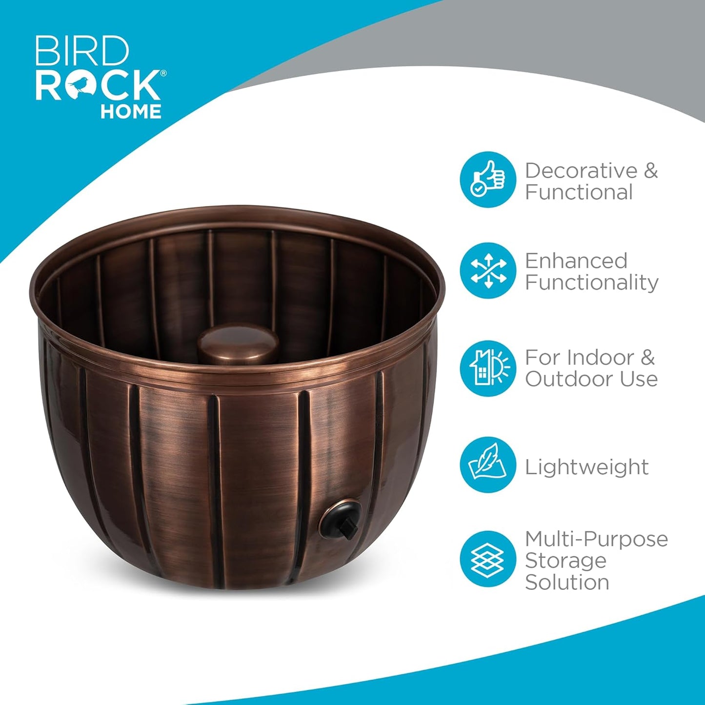 BIRDROCK HOME Water Hose Holder - Decorative Metal Pot, Indoor or Outdoor, Garden Storage Organizer, Patio Portable Bucket - Antique Copper, Holds up to 100ft Hoses, Medium No Lid