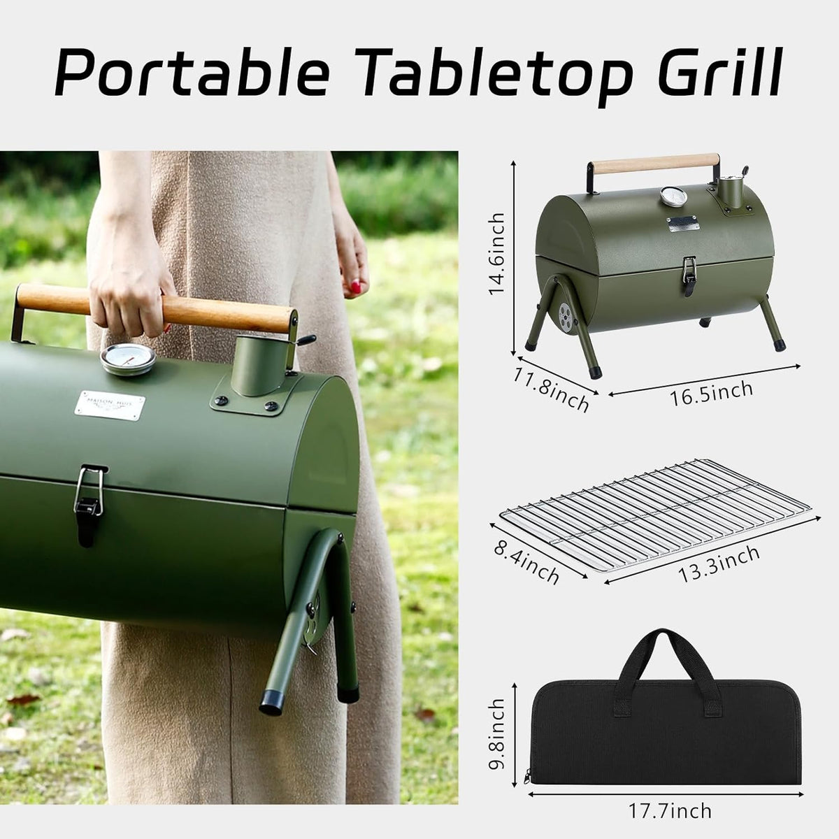 MAISON HUIS Adjustable Portable Charcoal Grill Multi-functional Metal Small BBQ Smoker with 9-Piece Stainless Steel Grill Tool Set for Outdoor Hiking Picnic (Green Kit)