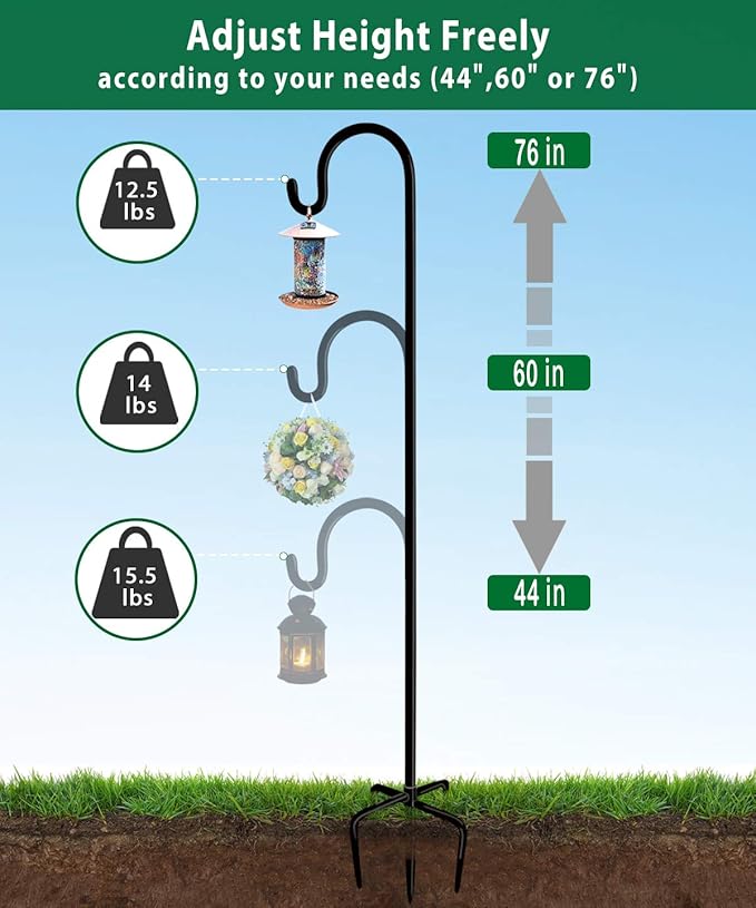 Artibear Adjustable Outdoor Shepherd Hook Stand with 5 Prong Base, 76 Inches Tall 3/5 in Thick, Shiny Black (1 Packs)