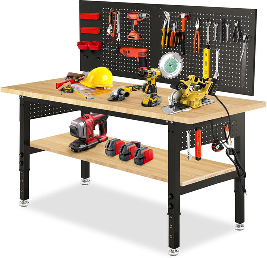 60“ Adjustable Height Workbench Work Bench for Garage Work Table with Under Table Shelf Heavy Duty Rubber Wood Top for Shop Woodworking, Office, Home, Commercial